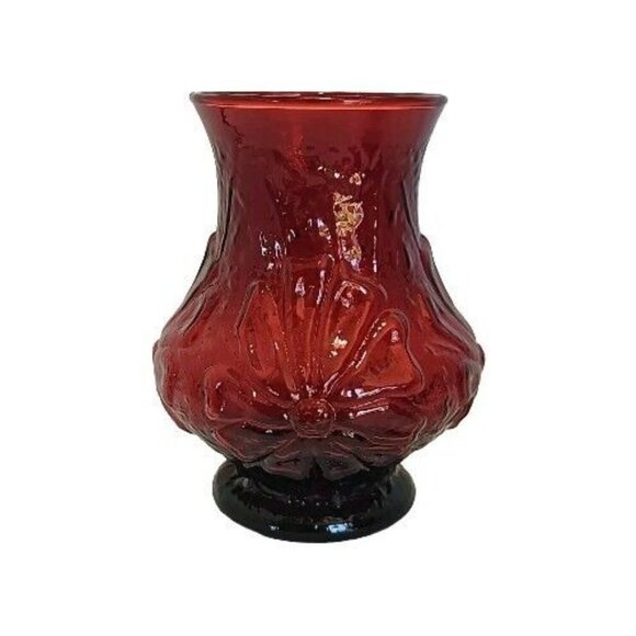 Anchor Hocking Rainflower Ruby Vase 5.5" floral red glass raised relief cosmos - Picture 1 of 12